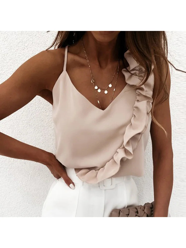 Bluse sexy V-Ausschnitt Rüschen Blusen rücken freie Spaghetti träger